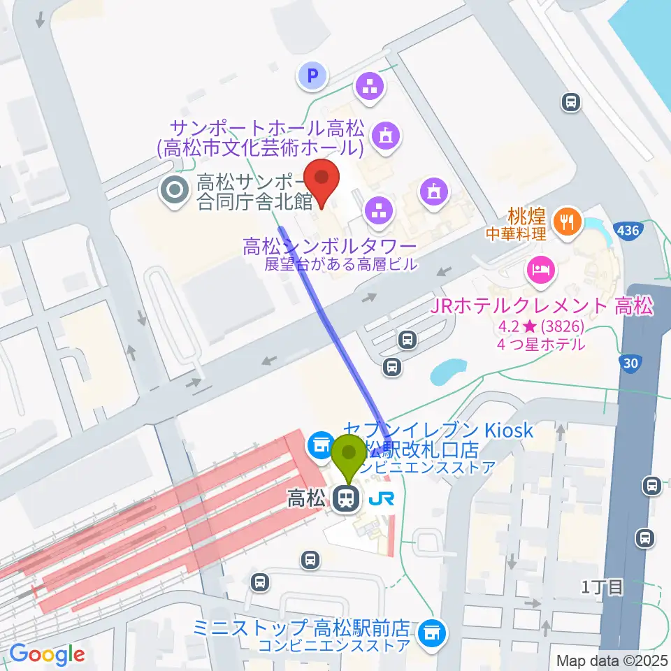 e-とぴあ・かがわの最寄駅高松駅からの徒歩ルート（約3分）地図