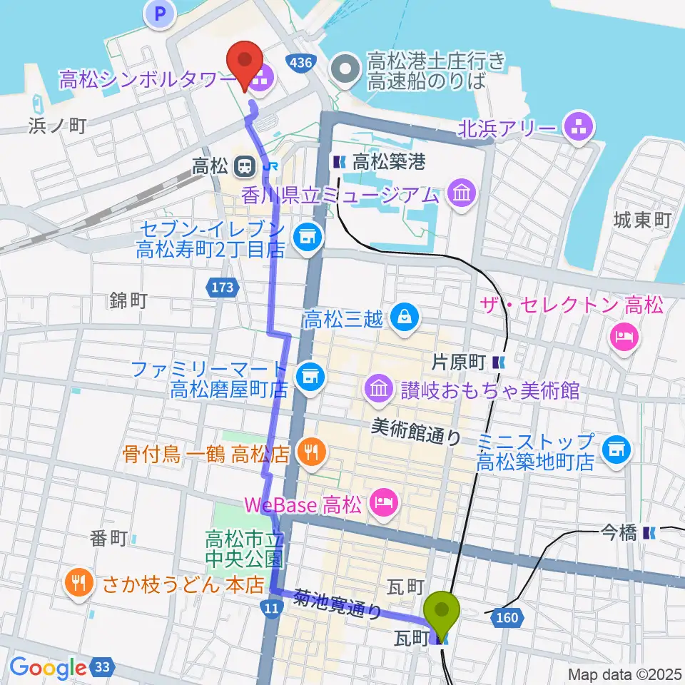 瓦町駅からe-とぴあ・かがわへのルートマップ地図