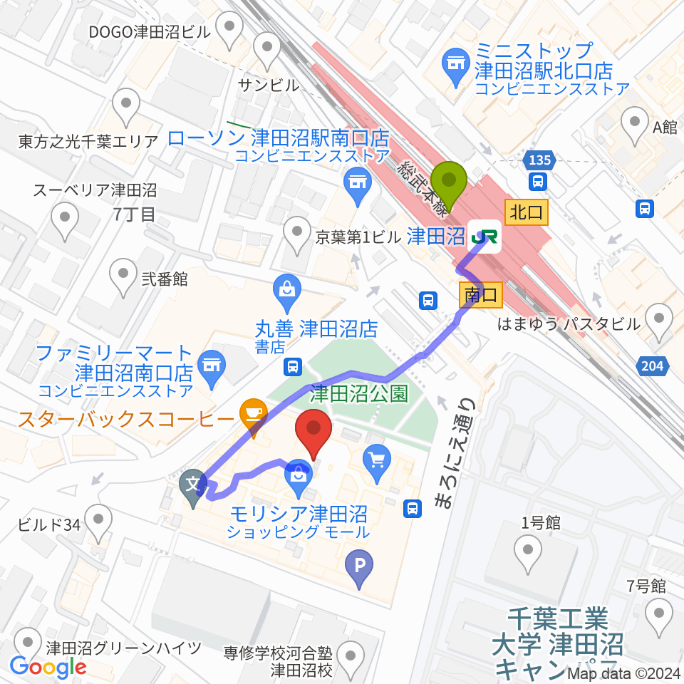 習志野文化ホールの最寄駅津田沼駅からの徒歩ルート（約3分）地図