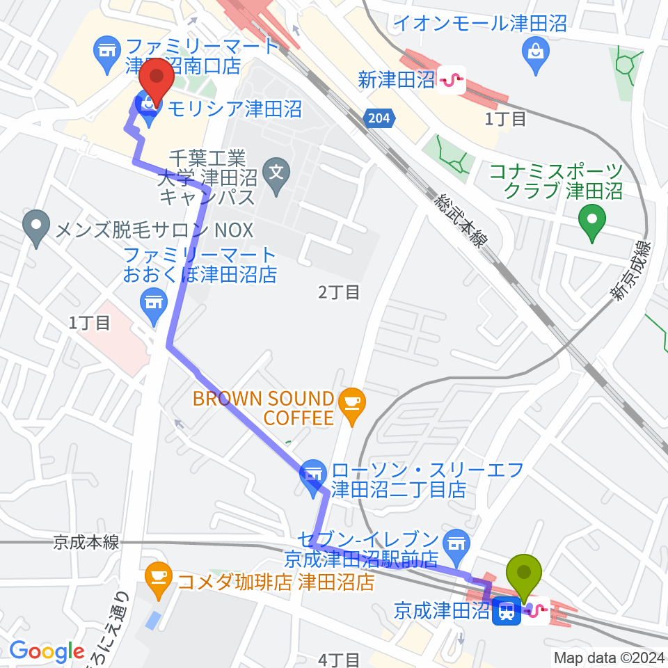 京成津田沼駅から習志野文化ホールへのルートマップ地図