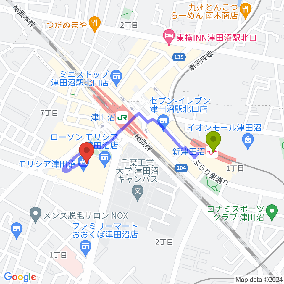 新津田沼駅から習志野文化ホールへのルートマップ地図