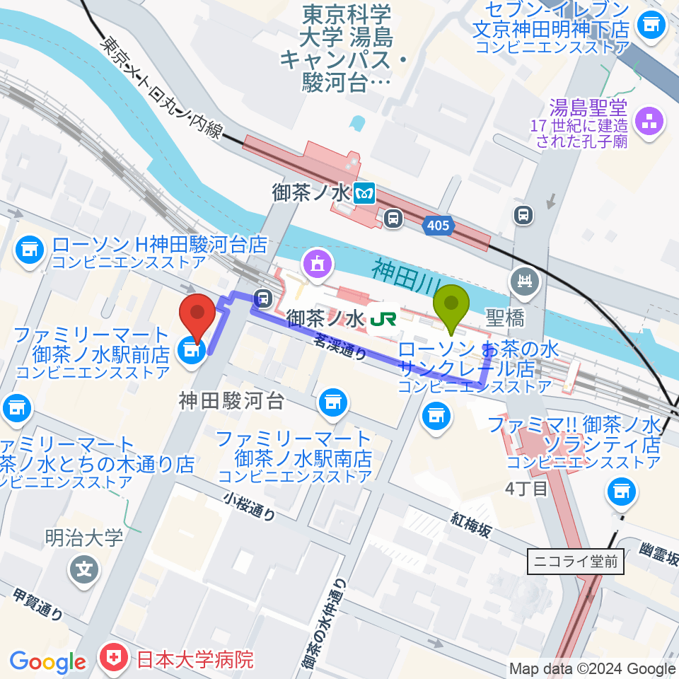 NARUの最寄駅御茶ノ水駅からの徒歩ルート（約3分）地図