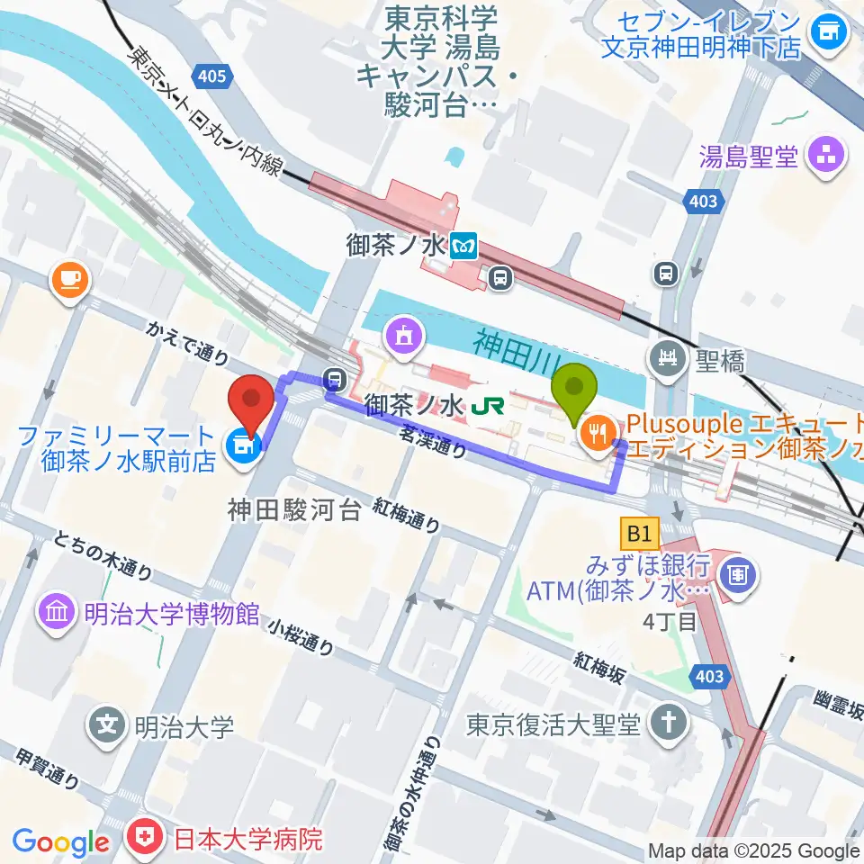 NARUの最寄駅御茶ノ水駅からの徒歩ルート（約3分）地図