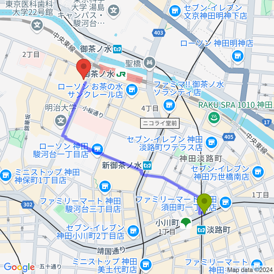 淡路町駅からNARUへのルートマップ地図