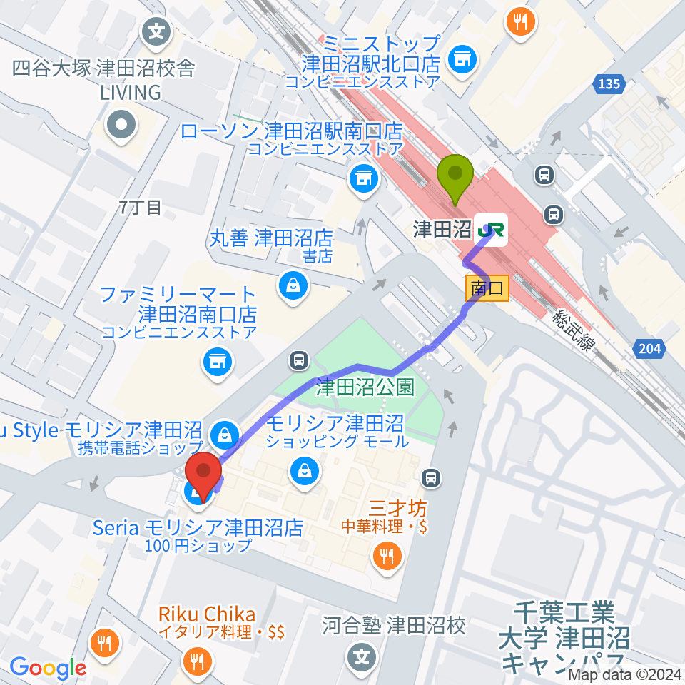 モリシアホールの最寄駅津田沼駅からの徒歩ルート（約4分）地図