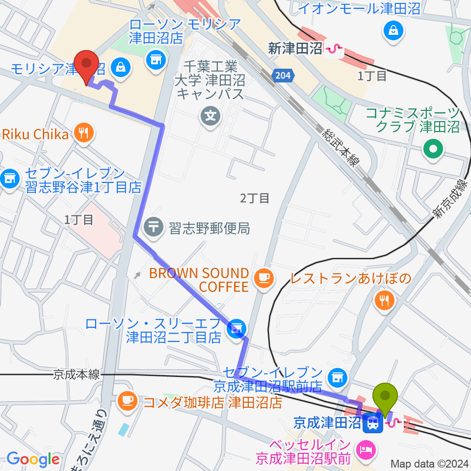 京成津田沼駅からモリシアホールへのルートマップ地図