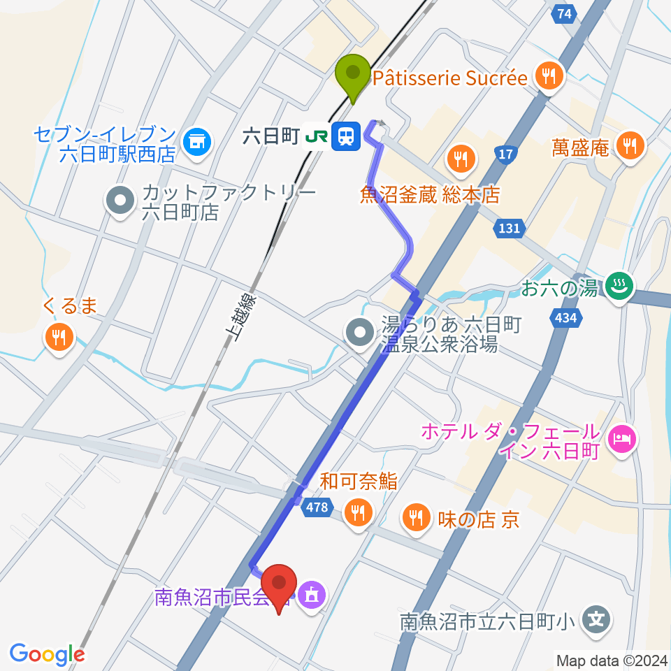 南魚沼市民会館の最寄駅六日町駅からの徒歩ルート（約12分）地図