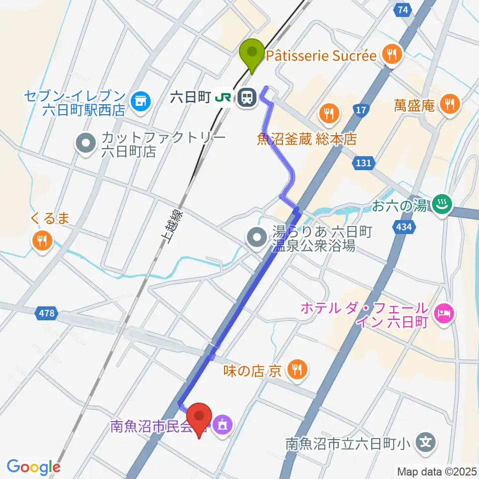 南魚沼市民会館の最寄駅六日町駅からの徒歩ルート（約12分）地図