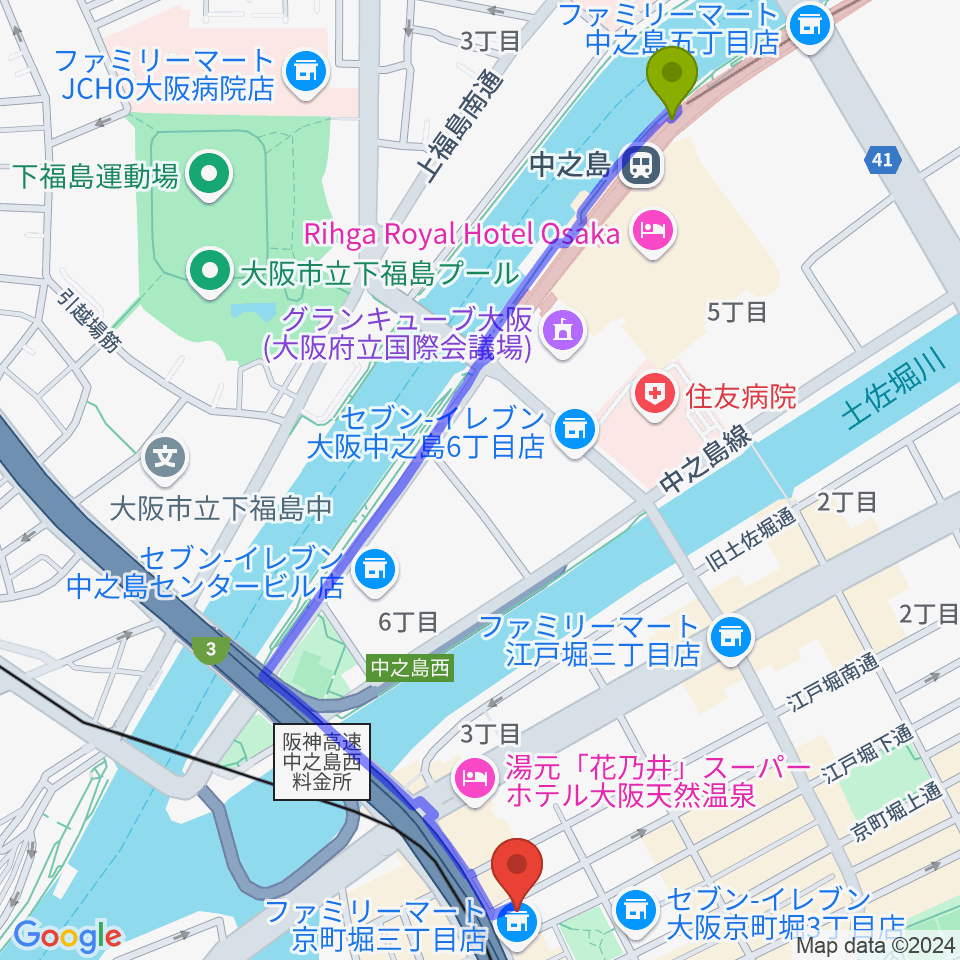 中之島駅から阿波座マーサへのルートマップ地図