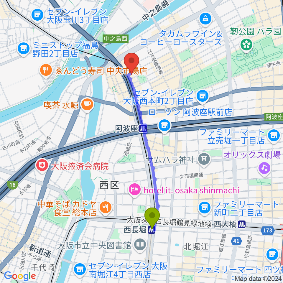 西長堀駅から阿波座マーサへのルートマップ地図