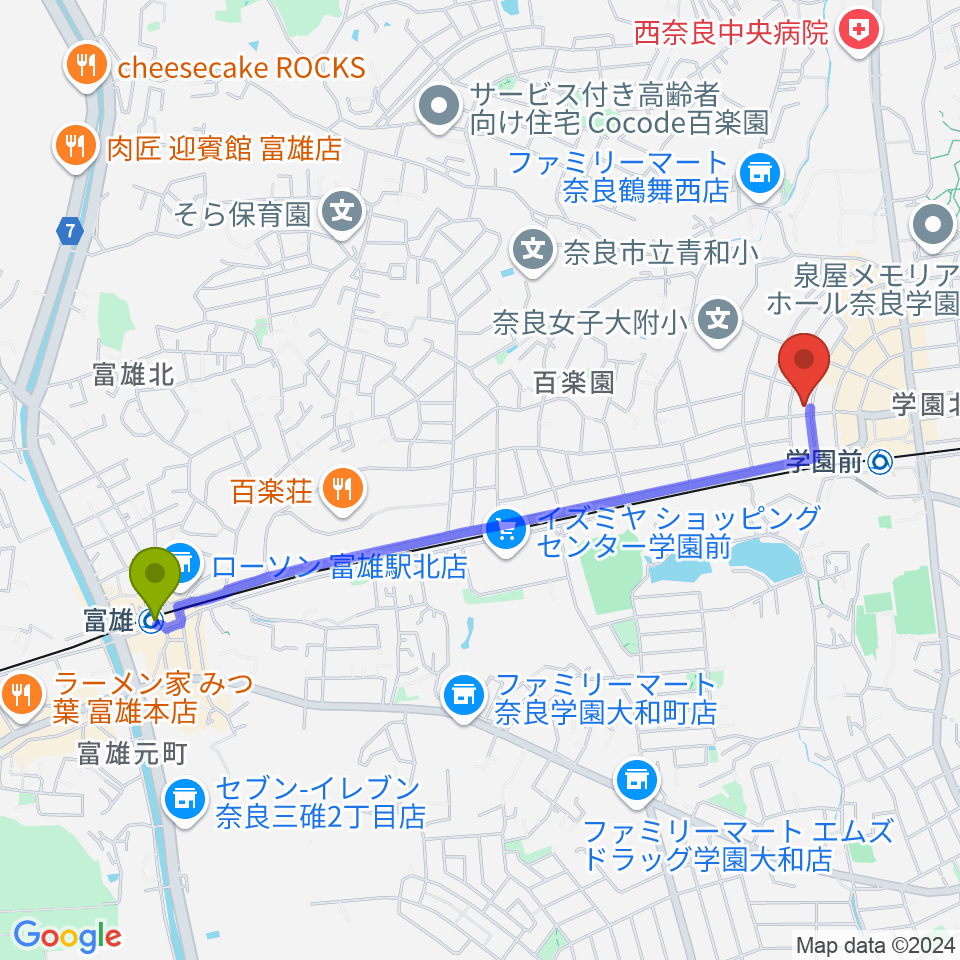 富雄駅からアートサロン空へのルートマップ地図