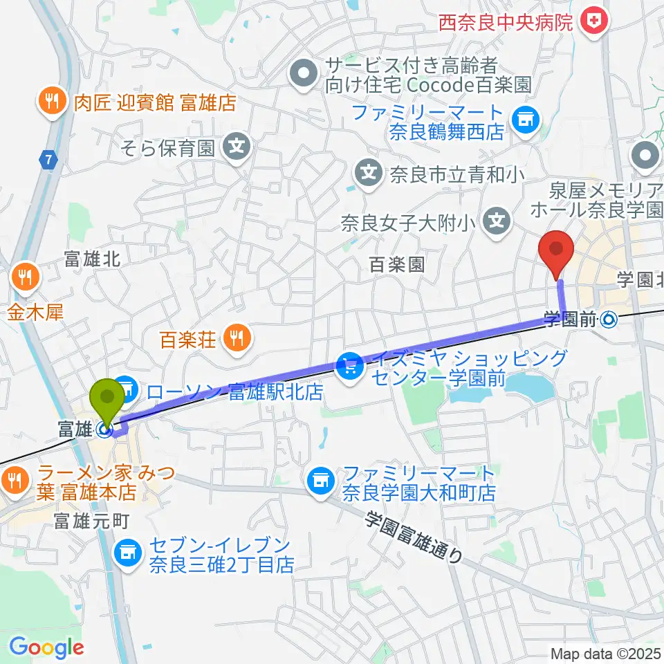 富雄駅からアートサロン空へのルートマップ地図