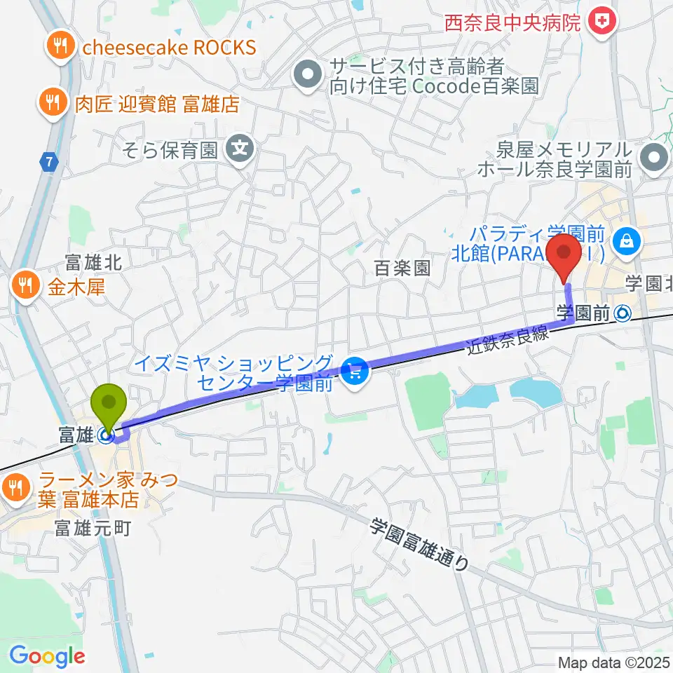 富雄駅からアートサロン空へのルートマップ地図