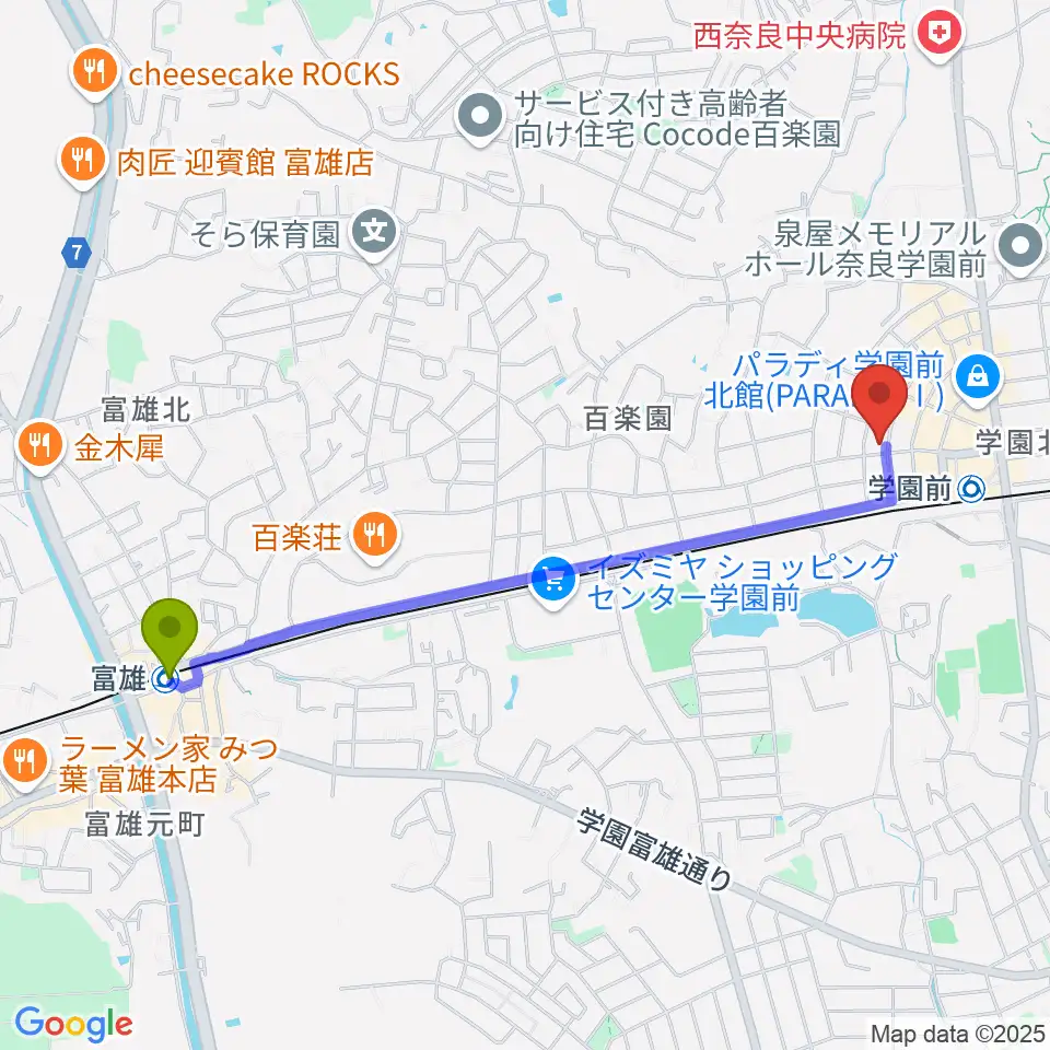 富雄駅からアートサロン空へのルートマップ地図