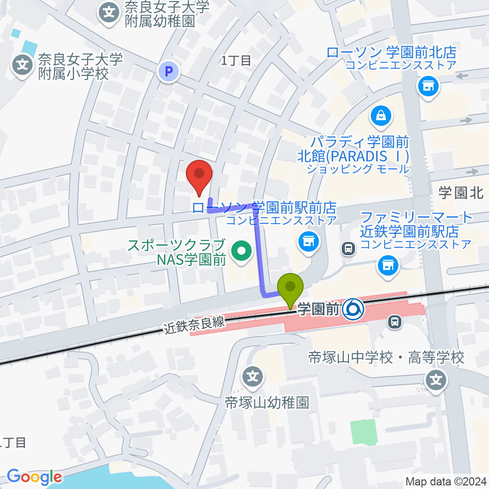 アートサロン空の最寄駅学園前駅からの徒歩ルート（約2分）地図