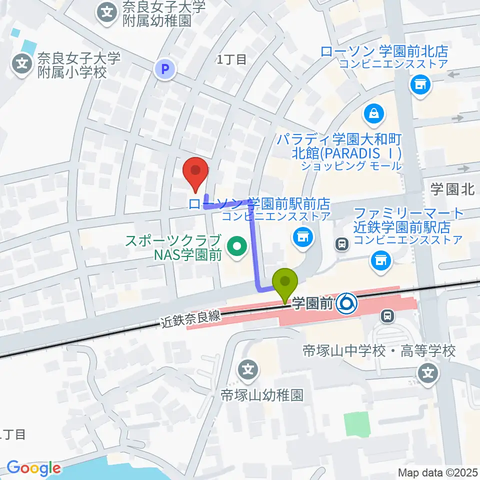 アートサロン空の最寄駅学園前駅からの徒歩ルート（約2分）地図