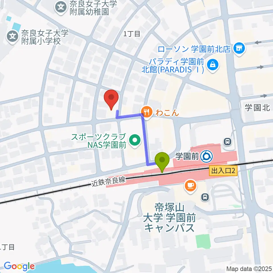 アートサロン空の最寄駅学園前駅からの徒歩ルート（約2分）地図