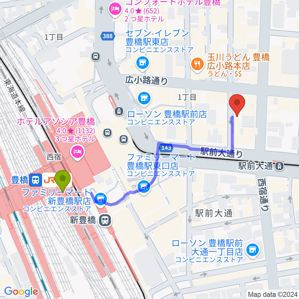 豊橋駅からトンクボーカルスクールへのルートマップ地図