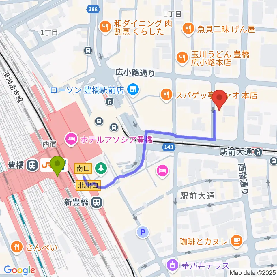 豊橋駅からTONKボーカルスクールへのルートマップ地図