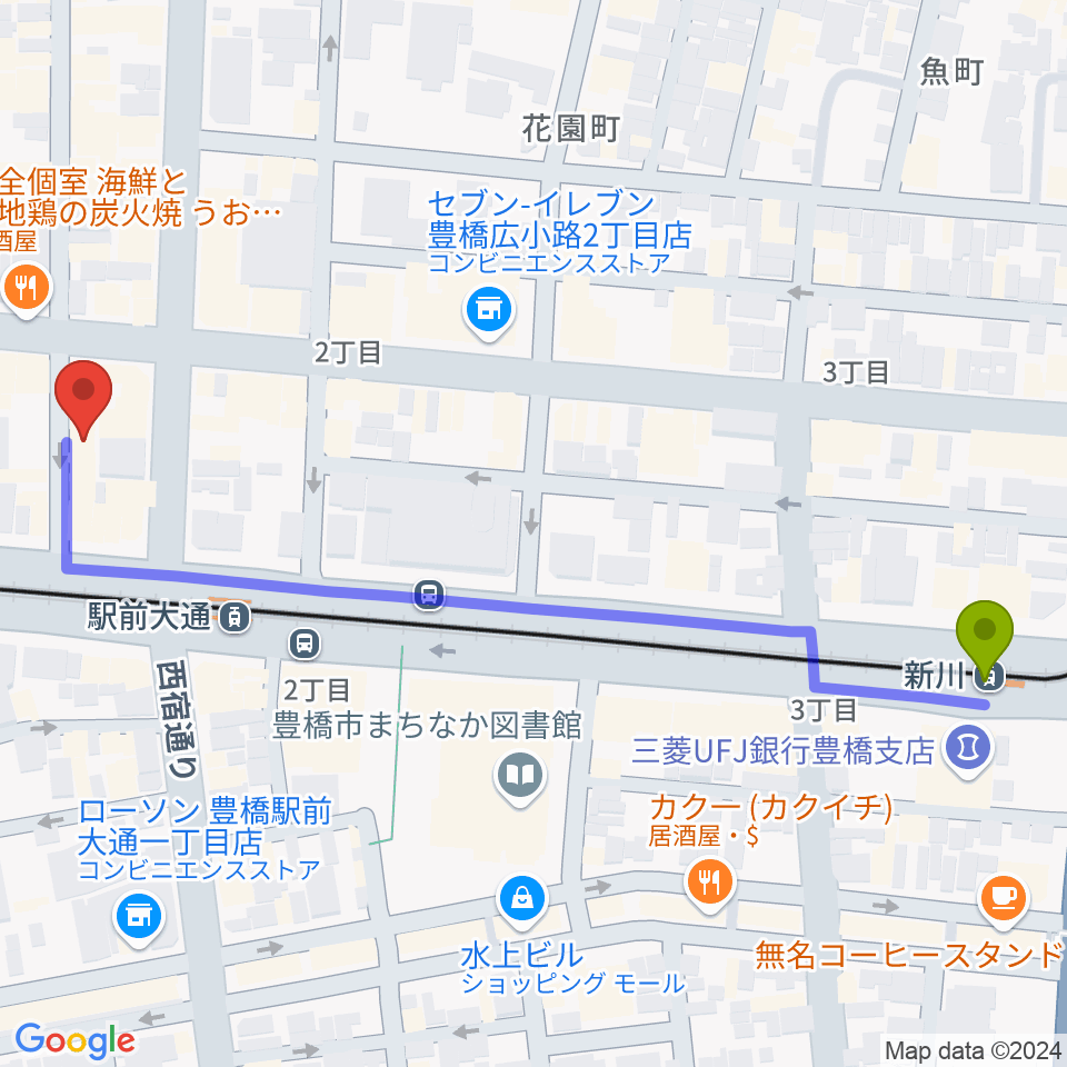 新川駅からトンクボーカルスクールへのルートマップ地図