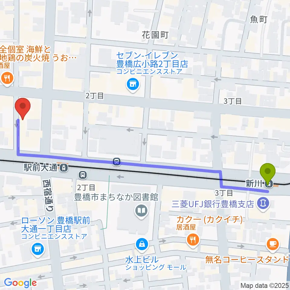新川駅からトンクボーカルスクールへのルートマップ地図