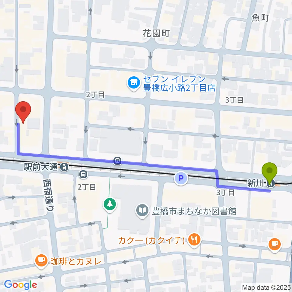 新川駅からTONKボーカルスクールへのルートマップ地図