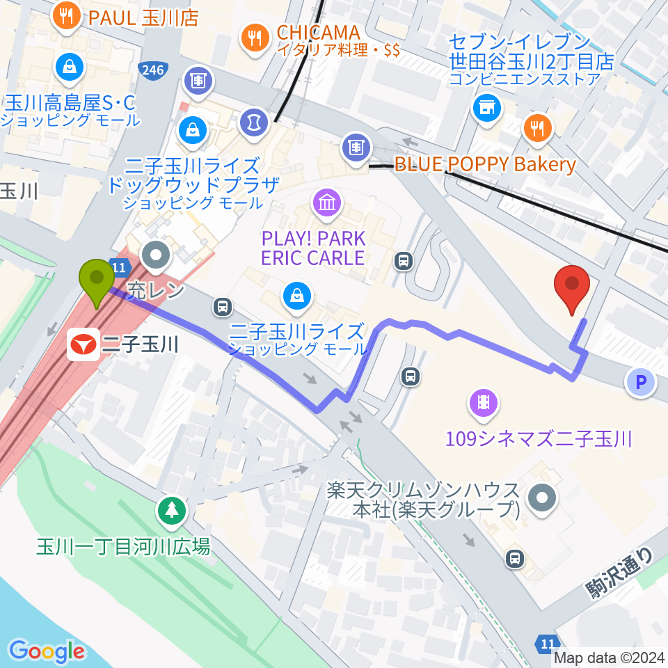 二子玉川オーキッドミュージックサロンの最寄駅二子玉川駅からの徒歩ルート（約6分）地図