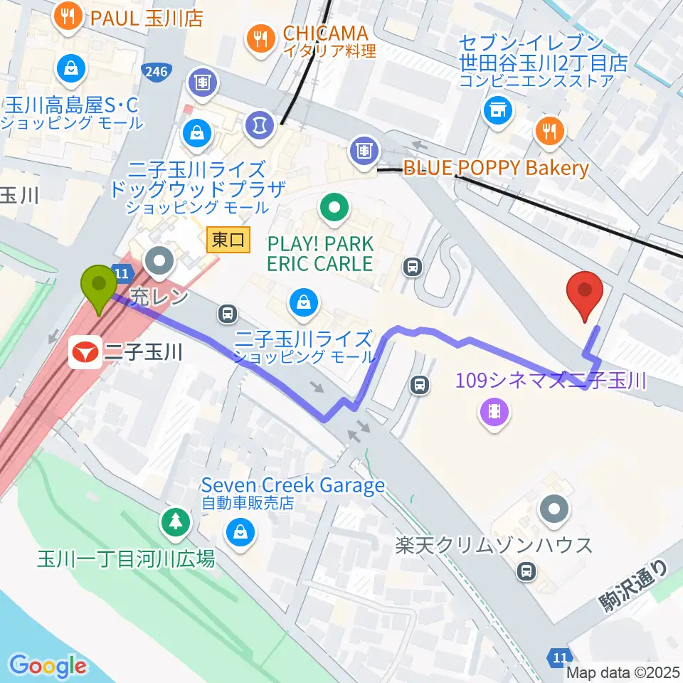 二子玉川オーキッドミュージックサロンの最寄駅二子玉川駅からの徒歩ルート（約6分）地図