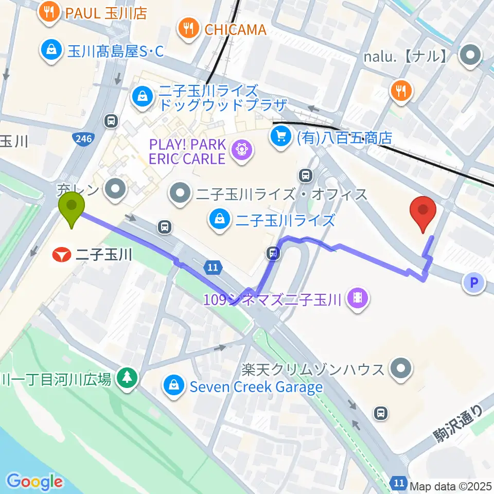 二子玉川オーキッドミュージックサロンの最寄駅二子玉川駅からの徒歩ルート（約6分）地図