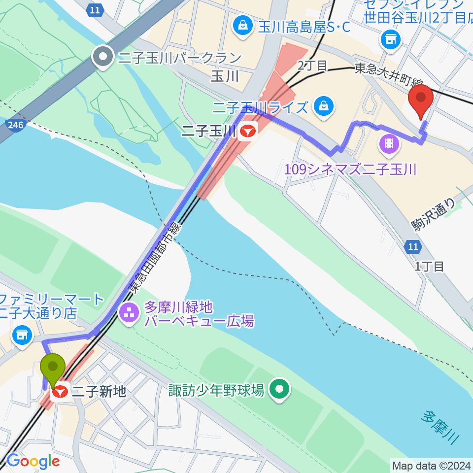 二子新地駅から二子玉川オーキッドミュージックサロンへのルートマップ地図