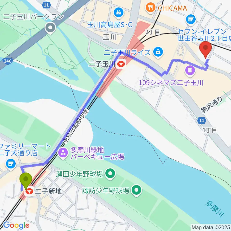 二子新地駅から二子玉川オーキッドミュージックサロンへのルートマップ地図