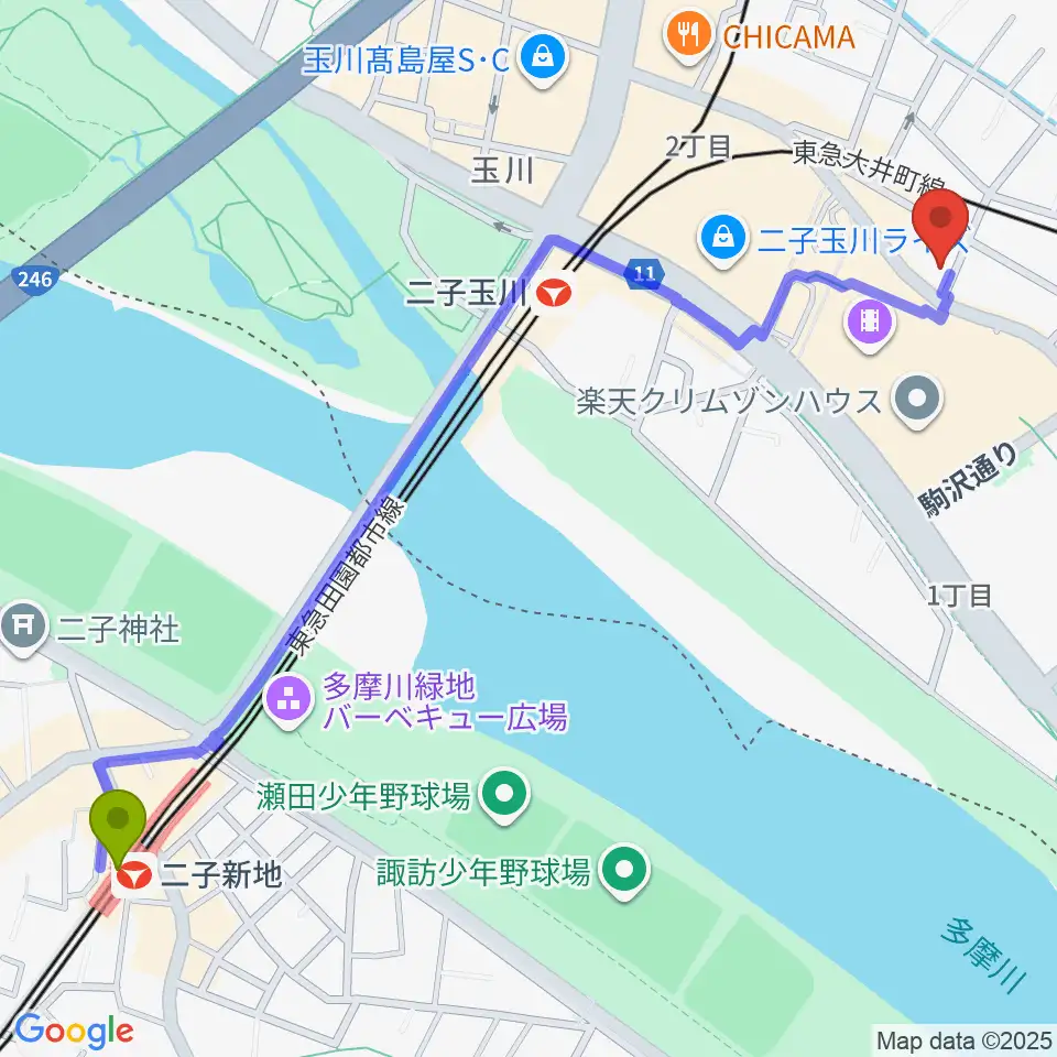 二子新地駅から二子玉川オーキッドミュージックサロンへのルートマップ地図