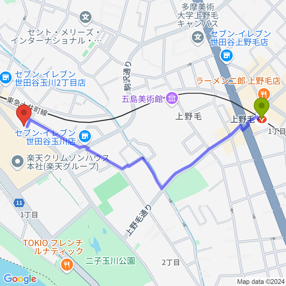 上野毛駅から二子玉川オーキッドミュージックサロンへのルートマップ地図