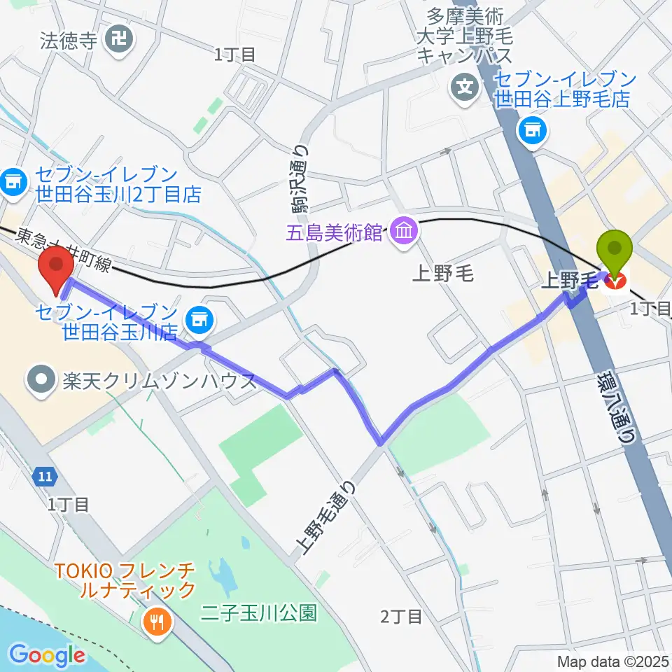 上野毛駅から二子玉川オーキッドミュージックサロンへのルートマップ地図