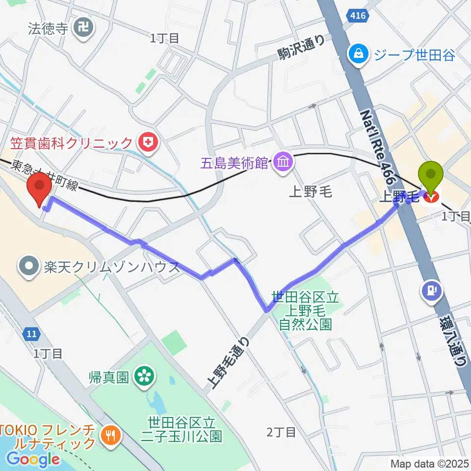 上野毛駅から二子玉川オーキッドミュージックサロンへのルートマップ地図