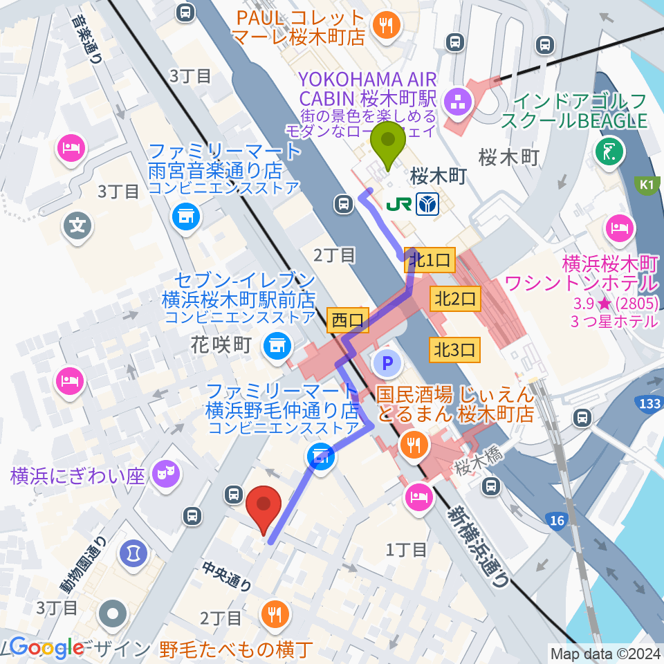 ジャズミュージアムちぐさの最寄駅桜木町駅からの徒歩ルート（約4分）地図