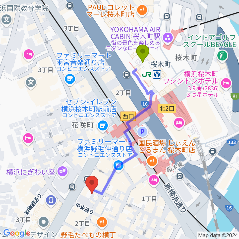 ピアノバーリヨンの最寄駅桜木町駅からの徒歩ルート（約5分）地図