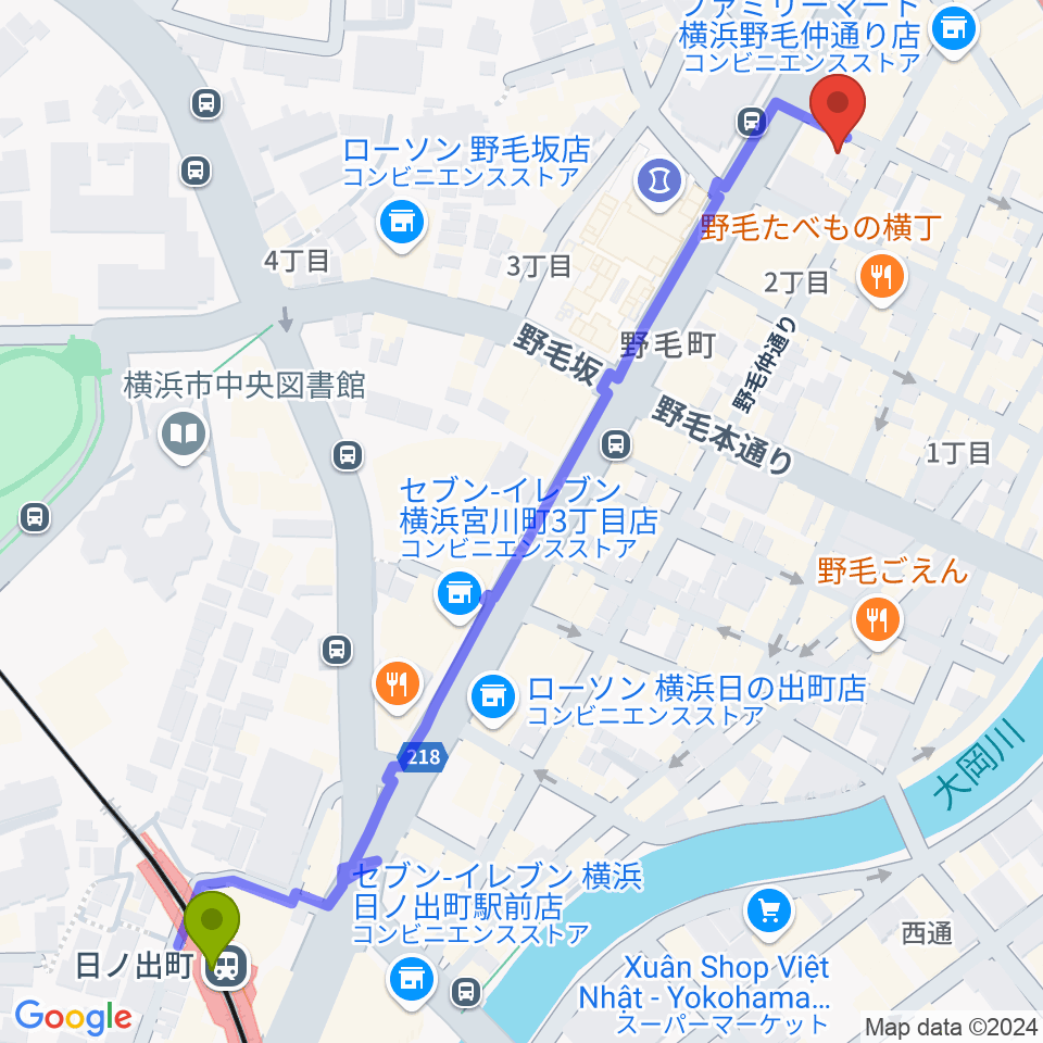 日ノ出町駅からピアノバーリヨンへのルートマップ地図