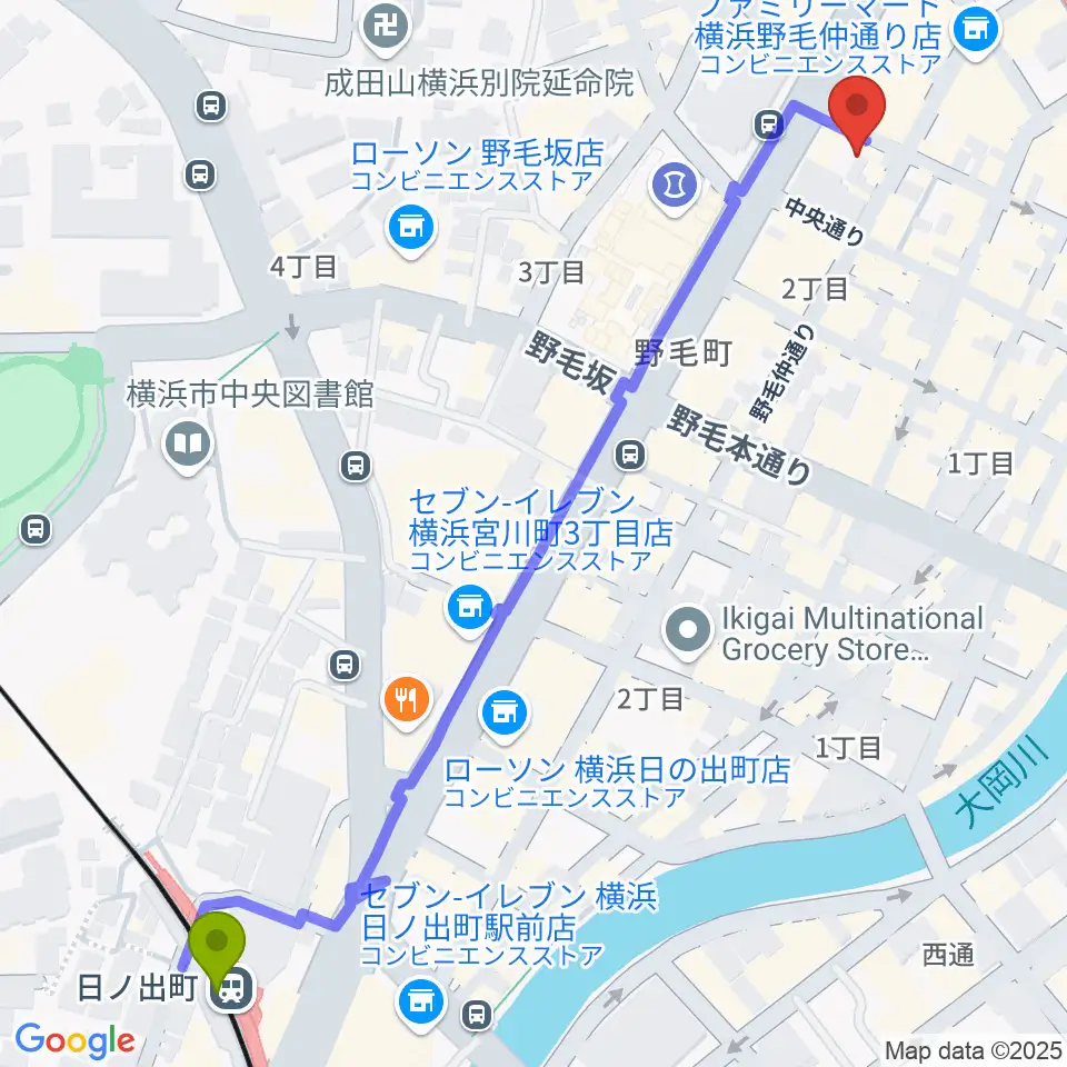 日ノ出町駅からピアノバーリヨンへのルートマップ地図