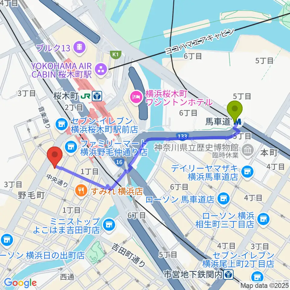 馬車道駅からピアノバーリヨンへのルートマップ地図