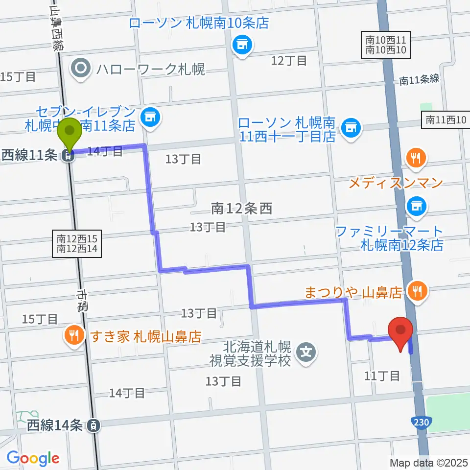 西線１１条駅からピアノプラザセイヤスターツへのルートマップ地図
