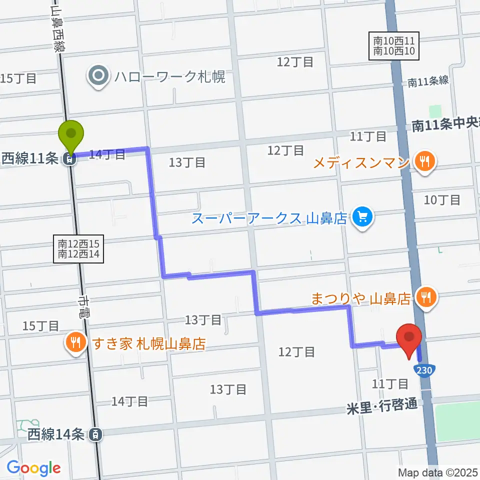 西線１１条駅からピアノプラザセイヤスターツへのルートマップ地図