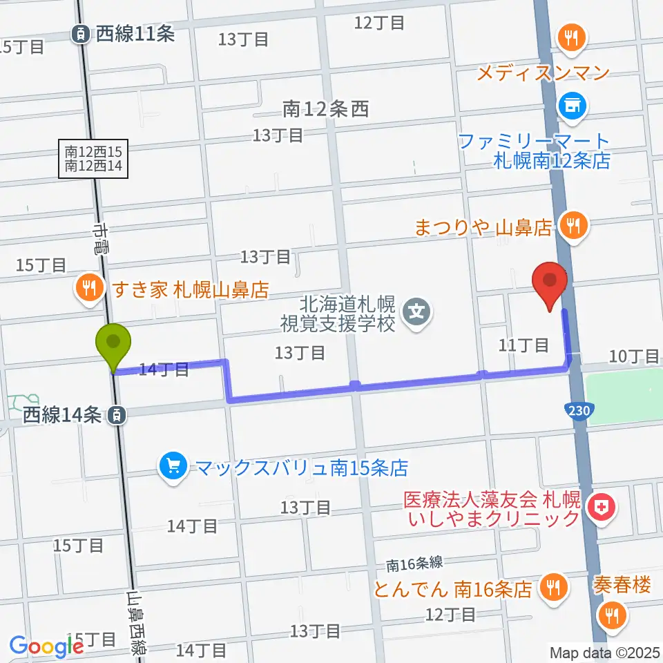 ピアノプラザセイヤスターツの最寄駅西線１４条駅からの徒歩ルート（約9分）地図