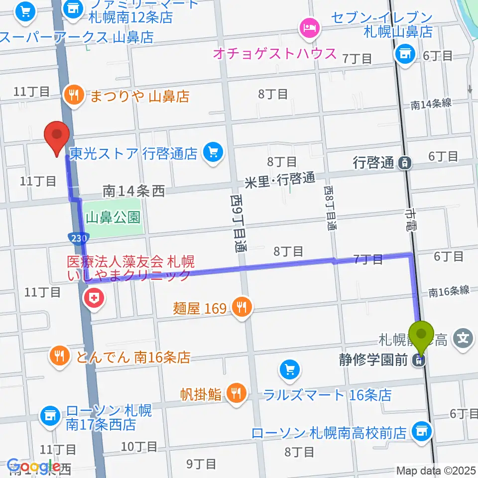 静修学園前駅からピアノプラザセイヤスターツへのルートマップ地図
