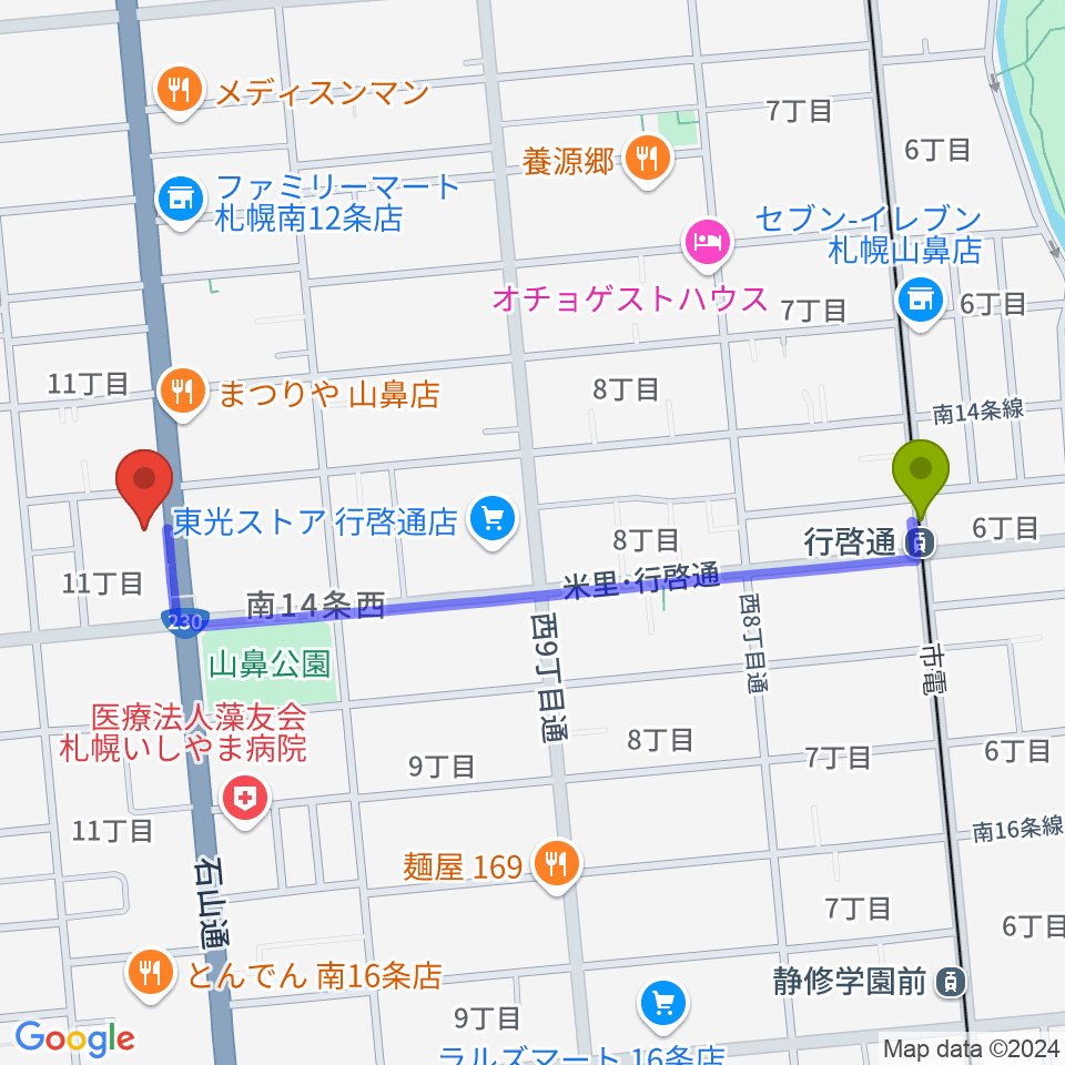 行啓通駅からピアノプラザセイヤスターツへのルートマップ地図