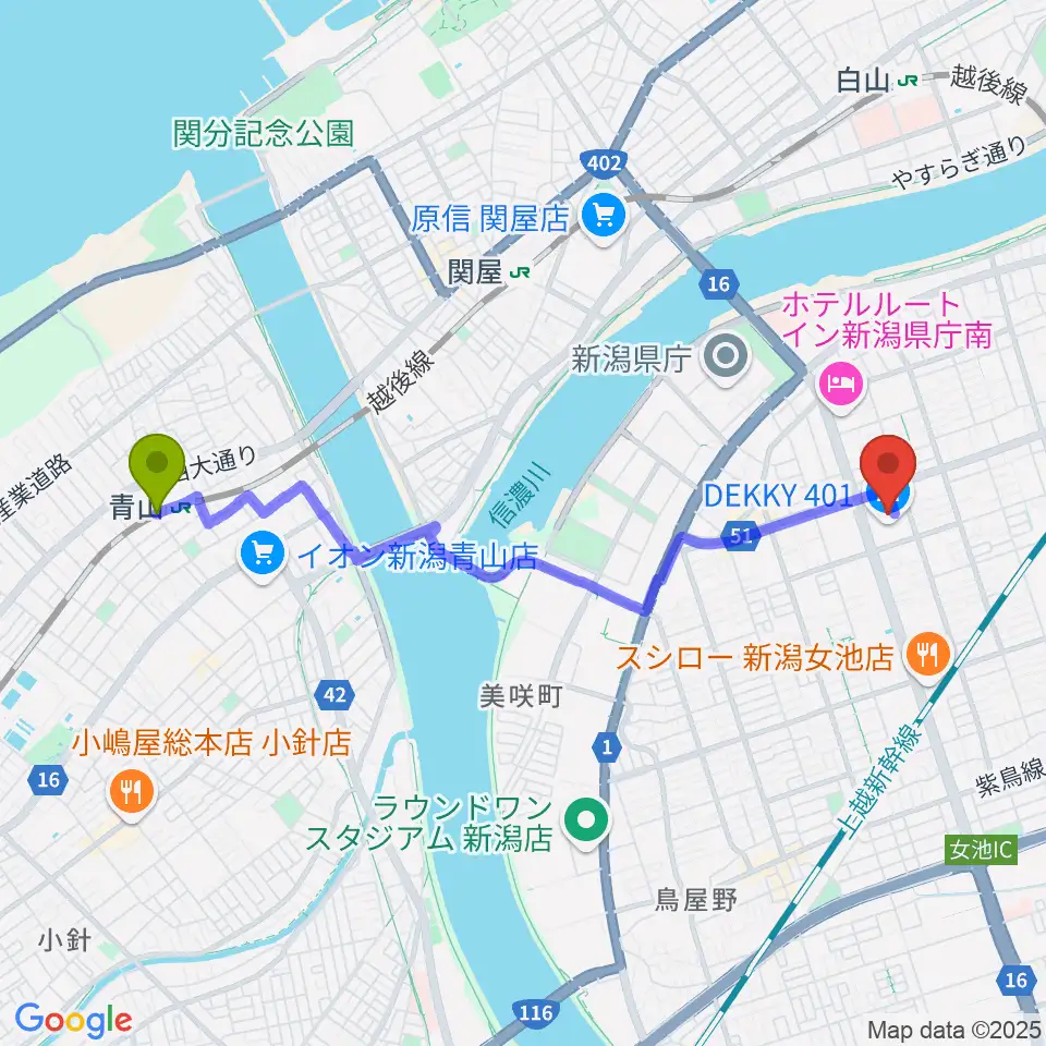 青山駅からわたじん楽器 デッキィ401センターへのルートマップ地図