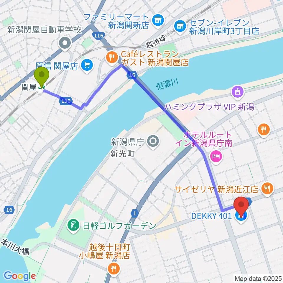 関屋駅からわたじん楽器 デッキィ401センターへのルートマップ地図