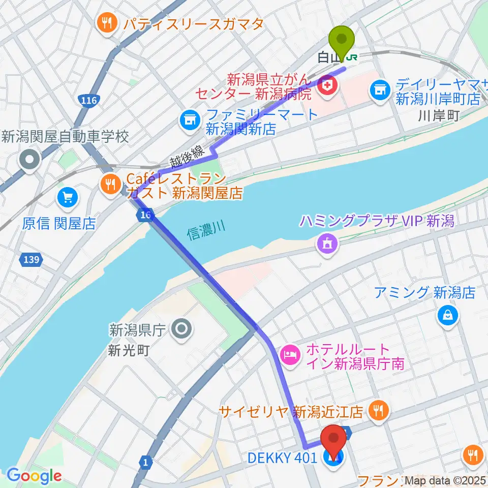 わたじん楽器 デッキィ401センターの最寄駅白山駅からの徒歩ルート（約25分）地図