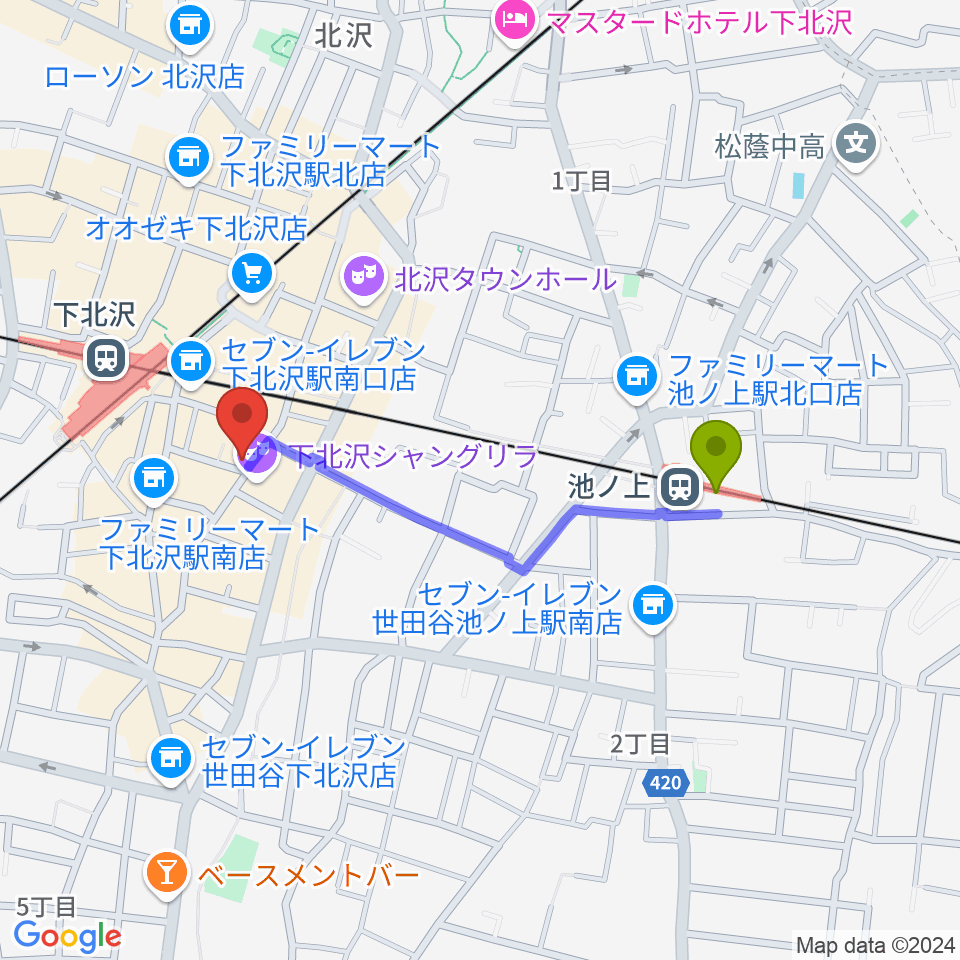 池ノ上駅からフラッシュ・ディスク・ランチへのルートマップ地図