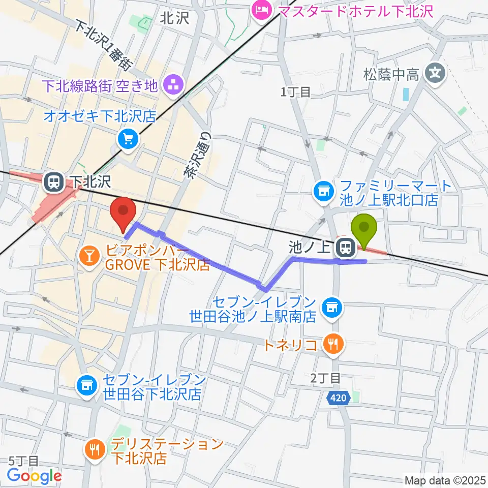 池ノ上駅からフラッシュ・ディスク・ランチへのルートマップ地図